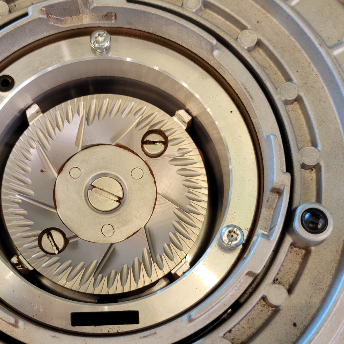 Close-up of a coffee grinder burr. At Trail Blaze Coffee.